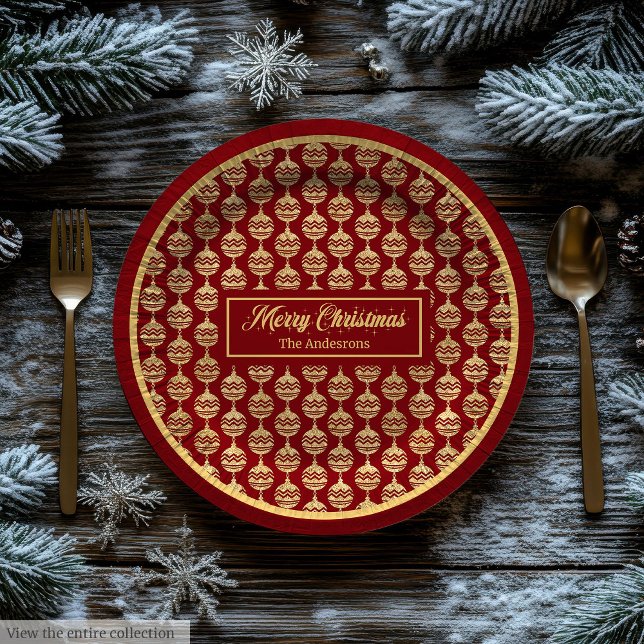 Assiettes en Papier Joyeux Noël Luxe Rouge Accent  (Merry Christmas Paper Plates Luxe Red Gold Accent)