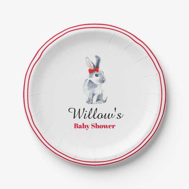 Assiettes en Papier - Lapin Gris Ruban Rouge (Devant)