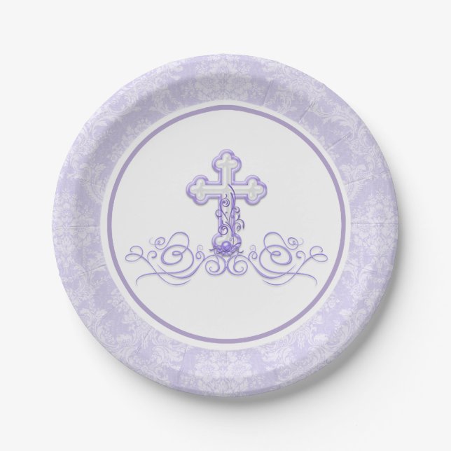 Assiettes en papier lavande violet pour baptême (Devant)