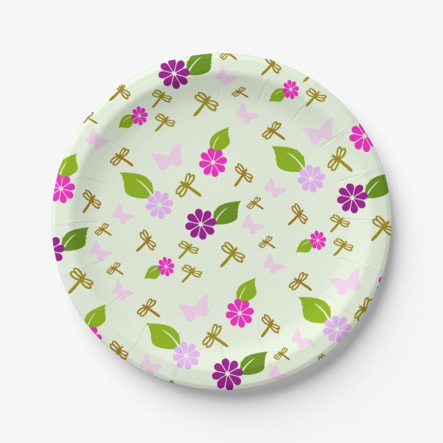 Assiettes en papier libellule jardin de fleurs vai (Devant)