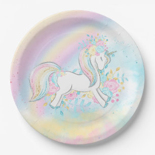 Assiettes en papier Licorne Arc-en-ciel Pastel pou