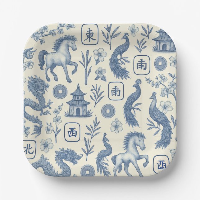 Assiettes en papier Mahjong Année du Cheval (Recto)