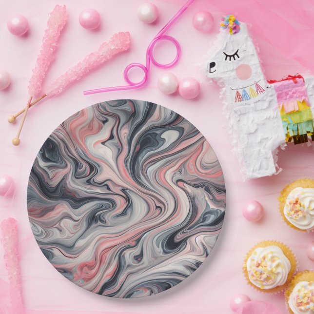 Assiettes en papier marbré liquide gris, rose et b (Fête)