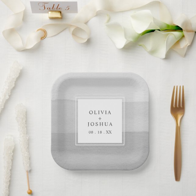 Assiettes en papier mariage aquarelle grise (Mariage)