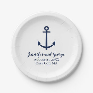 Assiettes en papier mariage bleu marine ancre Four