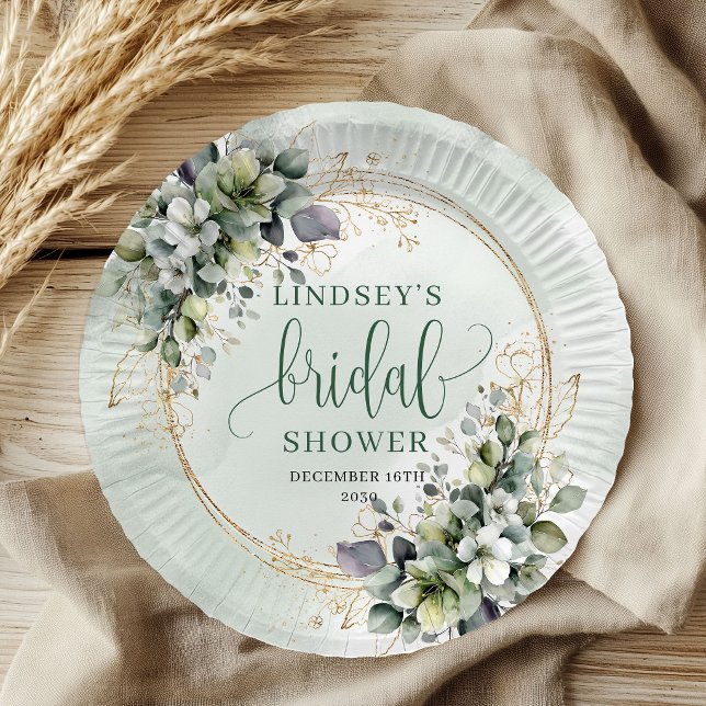 Assiettes en papier Mariage Bohème Vert et Or (Bohemian Greenery Gold Bridal Shower Paper Plates)
