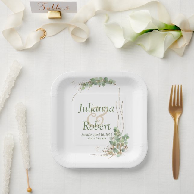 Assiettes en papier mariage eucalyptus et or (Mariage)