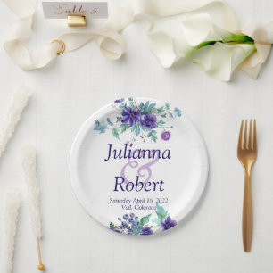 Assiettes en papier mariage floral aquarelle viole