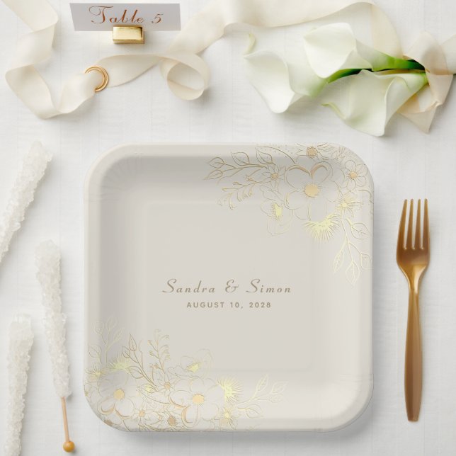 Assiettes en Papier Mariage Floral Or (Mariage)