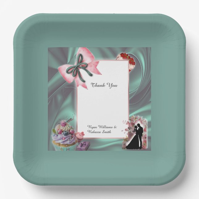 Assiettes en Papier Mariage Sarcelle et Blush (Recto)