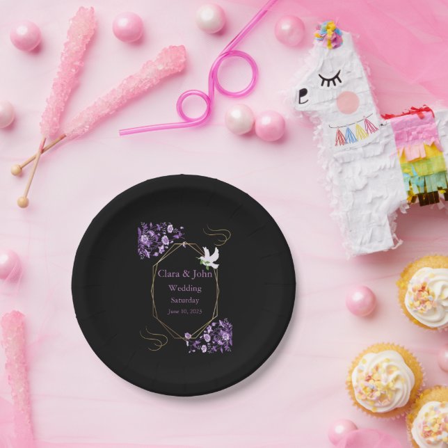 Assiettes en papier mariage violet et noir (Fête)