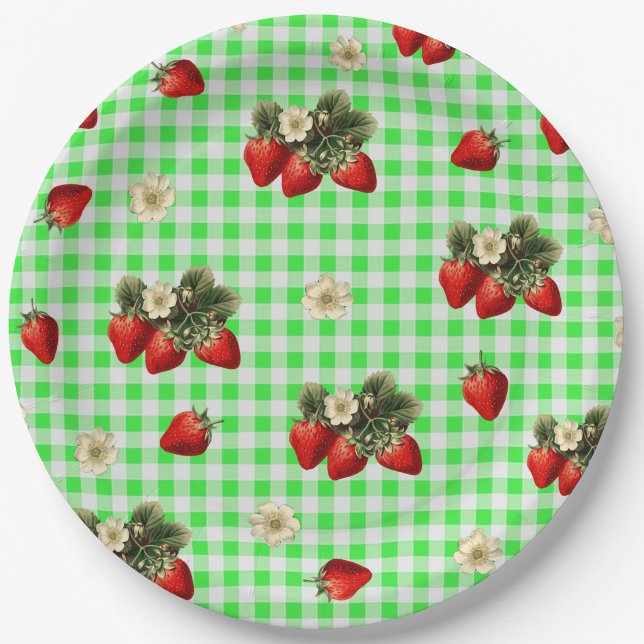 Assiettes en papier mignon gingham vert et fraise (Créateur téléchargé)