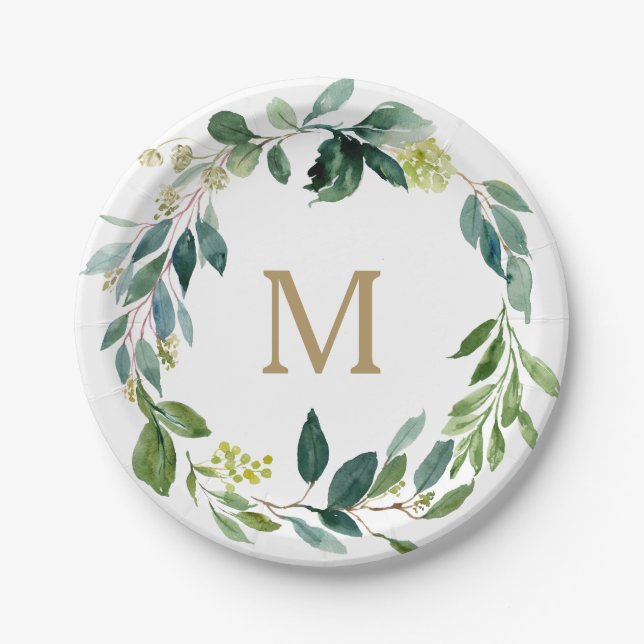 Assiettes en papier Monogramme de verdure rustique (Devant)