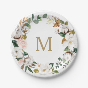 Assiettes en papier monogramme en coton Magnolia