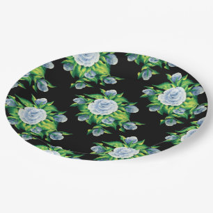 Assiettes en papier motif roses bleues peintes à l