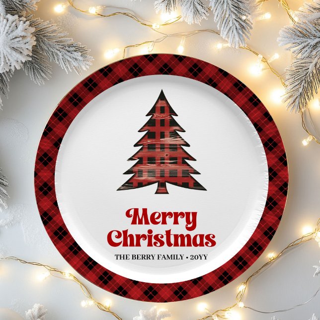 Assiettes en papier Noël plaid rustique chaud buff (Warm Rustic Buffalo Plaid Christmas Paper Plates)