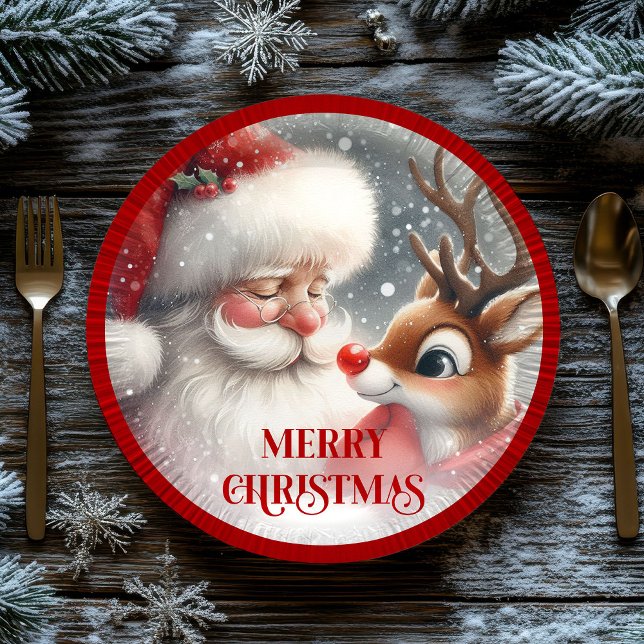 Assiettes en papier Noël Santa et Rudolph mignons (Cute Christmas Santa and Rudolph Paper Plates)