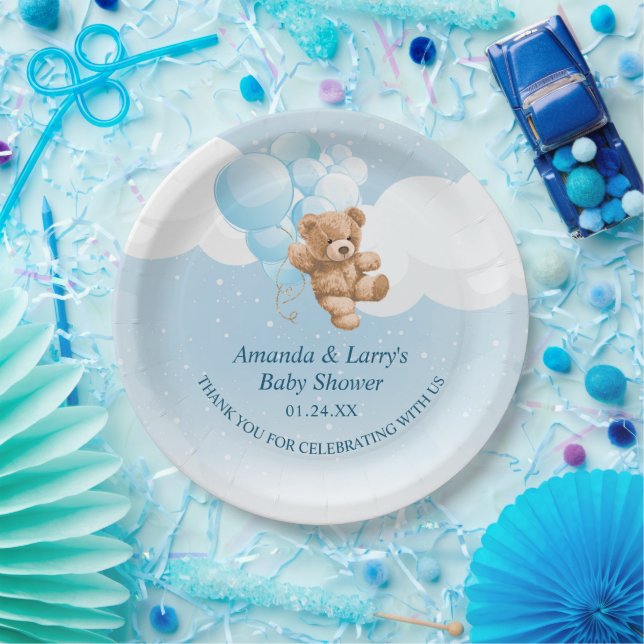 Assiettes en papier Ourson avec ballons bleus (Fête)