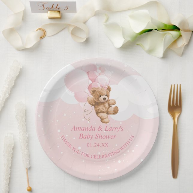 Assiettes en papier Ourson Rose avec Ballons (Mariage)