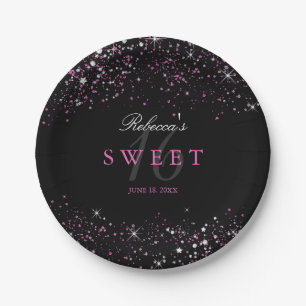 Assiettes en papier pailleté noir rose Sweet 16