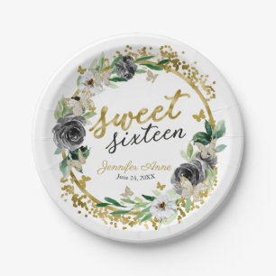 Assiettes en papier papillon noir or floral pour S