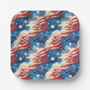Assiettes en Papier Patriotiques Étoiles Rouges Bl