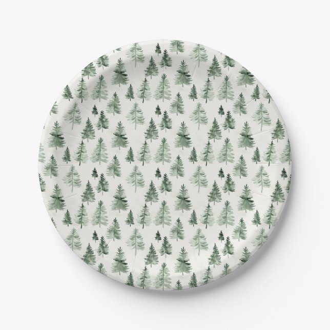 Assiettes en papier Pin Peinture à l'eau Forêt de  (Devant)
