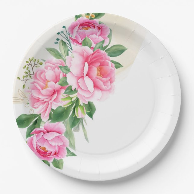 Assiettes en papier - Pivoines roses (Devant)
