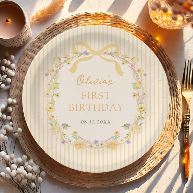 Assiettes en papier pour anniversaire à rayures fl (Créateur téléchargé)