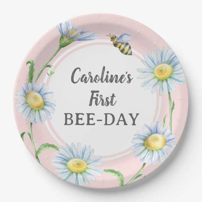 Assiettes en papier pour anniversaire Bee-Day rose (Devant)