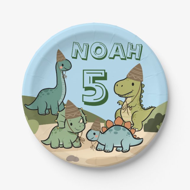 Assiettes en papier pour anniversaire de dinosaure (Devant)