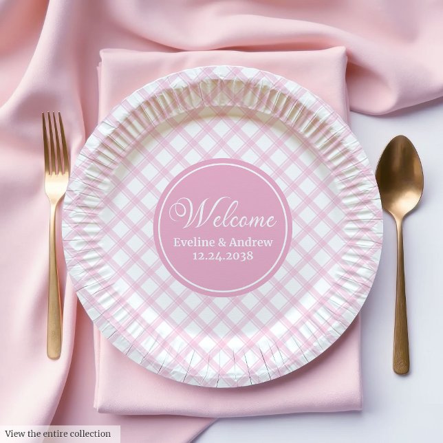 Assiettes en papier pour anniversaire enfant plaid (Kids Birthday Paper Plates Pink Plaid Elegant Chic)