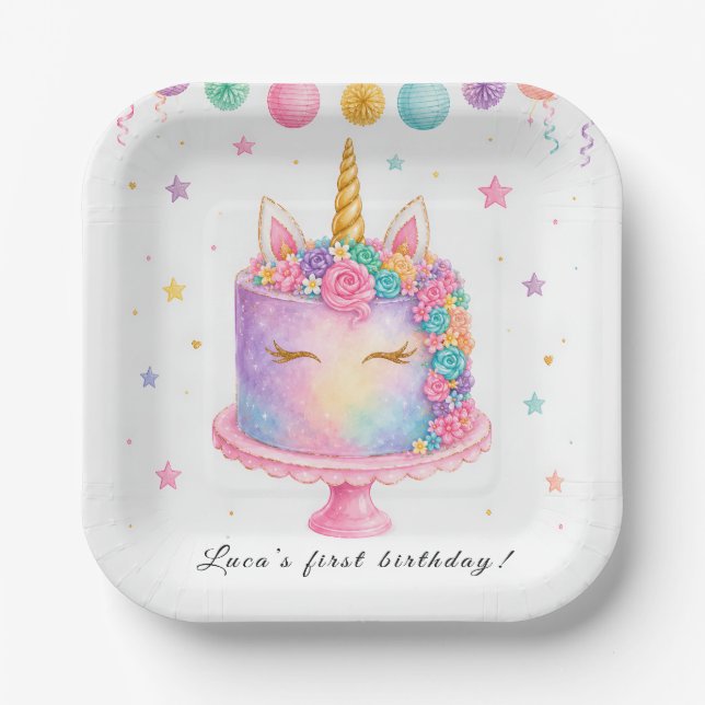Assiettes en papier pour anniversaire licorne (Recto)