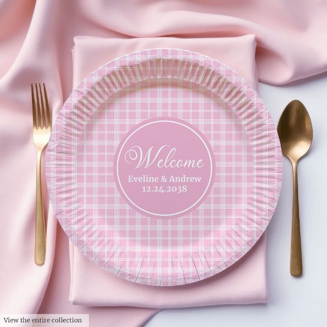 Assiettes en papier pour anniversaire plaid rose d (Birthday Paper Plates Pink Plaid Minimalist Design)