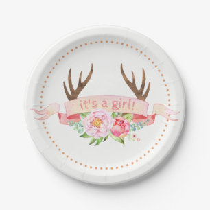 Assiettes en papier pour Baby Shower Fille et bois