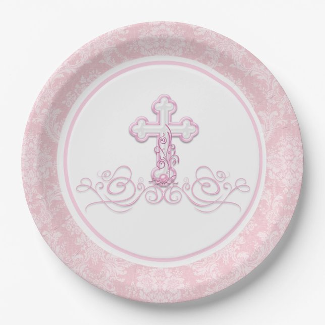 Assiettes en papier pour baptême de fille (Devant)