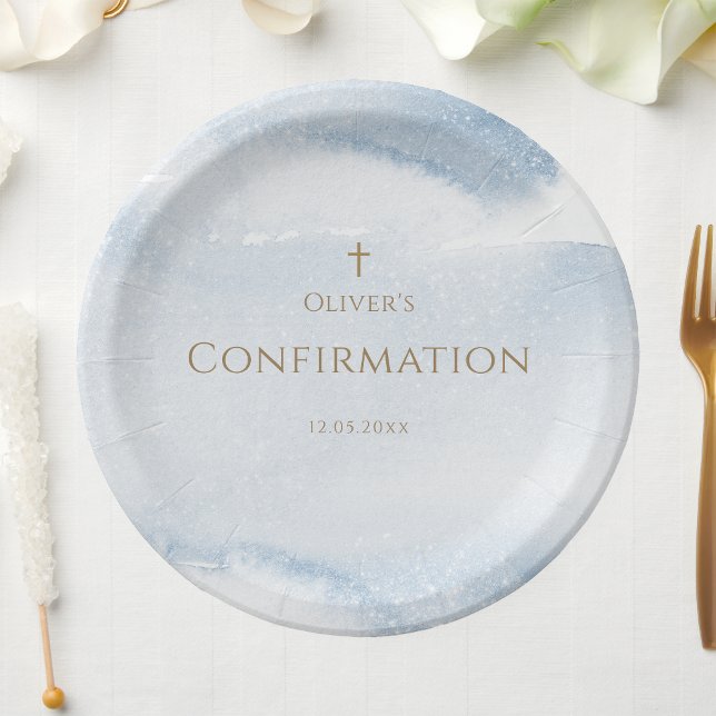 Assiettes en papier pour confirmation garçon aquar (Blue Watercolor Boy Confirmation Paper Plates)