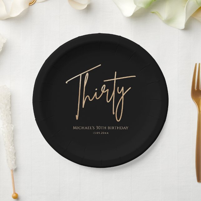 Assiettes en papier pour fête d'anniversaire 30 an (Black & Gold 30th Birthday Party Paper Plates)