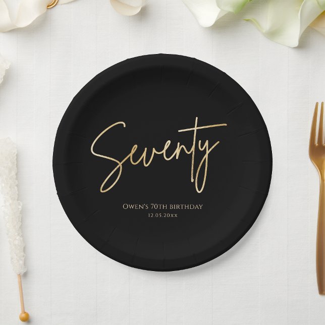 Assiettes en papier pour fête d'anniversaire 70 an (Black & Gold 70th Birthday Party Paper Plates)