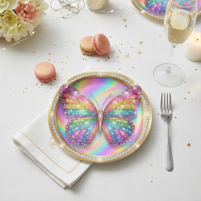 Assiettes en papier pour fête papillon pailleté ar (Créateur téléchargé)