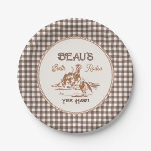 Assiettes en papier pour fête rodeo à carreaux bru