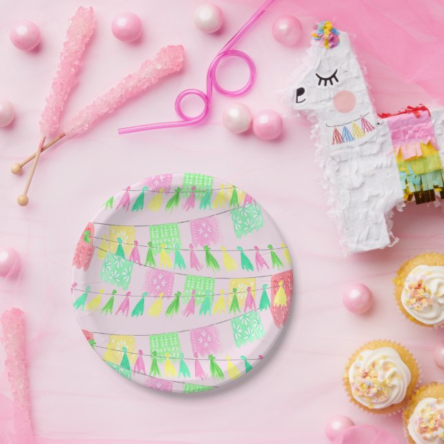 Assiettes en papier pour fête rose et vert Tassel  (Fête)