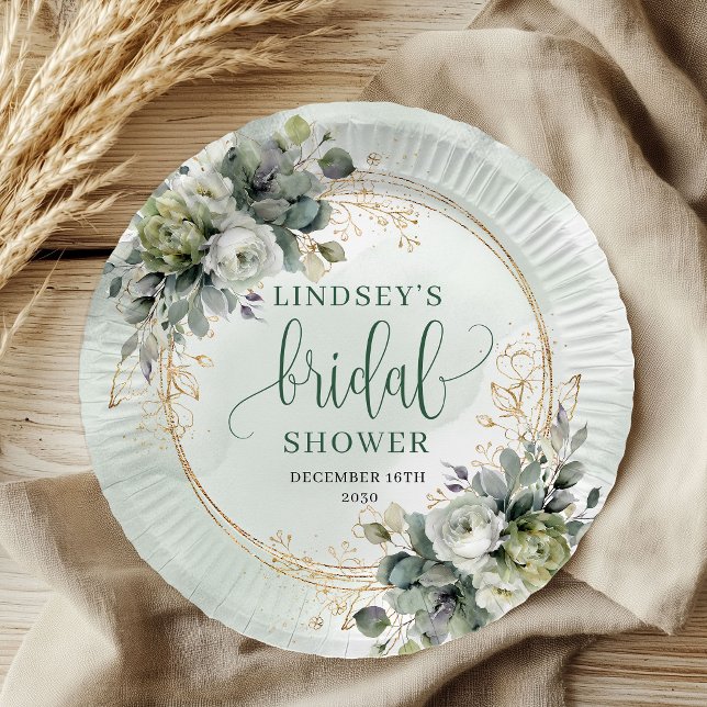 Assiettes en papier pour la douche de mariée à la  (Dusty Green Greenery Bridal Shower Paper Plates)