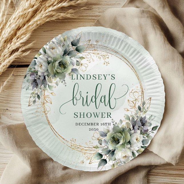 Assiettes en papier pour la douche de mariée aquar (Green Gold Watercolor Bridal Shower Paper Plates)