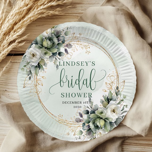 Assiettes en papier pour la douche de mariée au fe (Sage Green Foliage Bridal Shower Paper Plates)