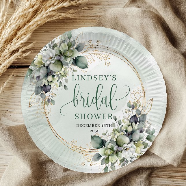 Assiettes en papier pour la douche de mariée au fe (Green Gold Foliage Bridal Shower Paper Plates)