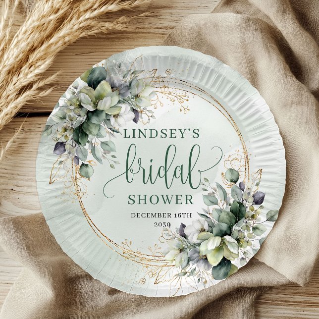 Assiettes en papier pour la douche de mariée botan (Green White Botanical Bridal Shower Paper Plates)