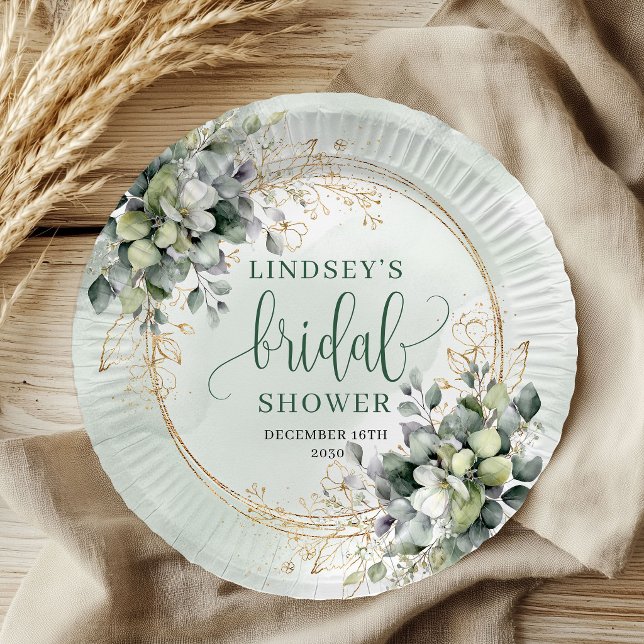 Assiettes en papier pour la douche de mariée botan (Dusty Green Botanical Bridal Shower Paper Plates)