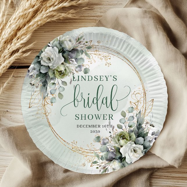 Assiettes en papier pour la douche de mariée en or (Botanical Green Gold Bridal Shower Paper Plates)