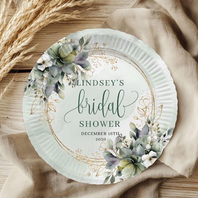 Assiettes en papier pour la douche de mariée Green (Greenery Botanical Gold Bridal Shower Paper Plates)